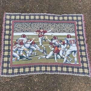 Vintage Crown Crafts Football Sports Woven Fringe Tapestry Blanket